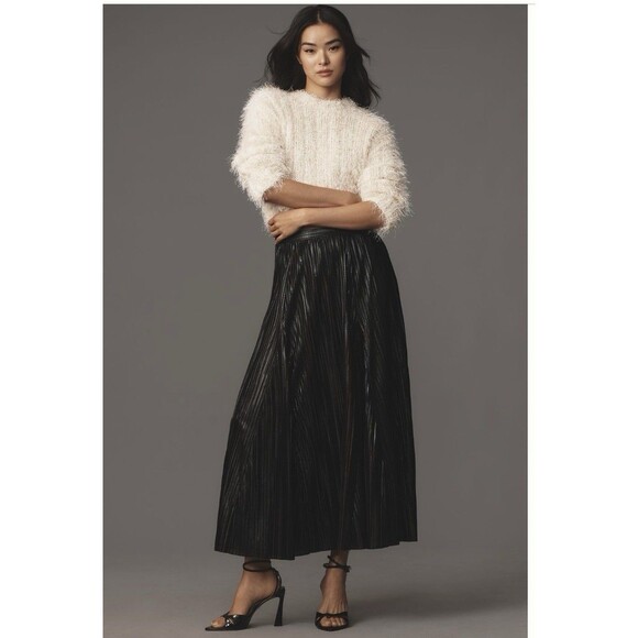 Anthropologie Metallic Pleated Midi Skirt Sz Lg Black